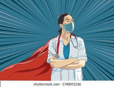 Super doctor and nurse wearing medical masks and capes, superhero couple, vector cartoon illustration