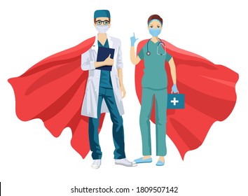 Super doctor and nurse wearing medical masks and capes, superhero couple. Doctors man and woman in superhero. Cartoon vector flat style. Superhero red cloak
