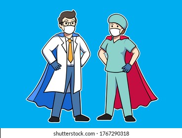Super Doctor and Nurse wearing superhero cape fighting Corona Virus Pandemic, vector illustration design