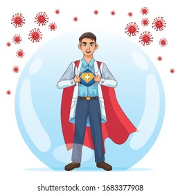 super doctor open the shirt and cloak vs covid19 vector illustration design