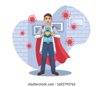 super doctor open the shirt and cloak vs covid19 vector illustration design