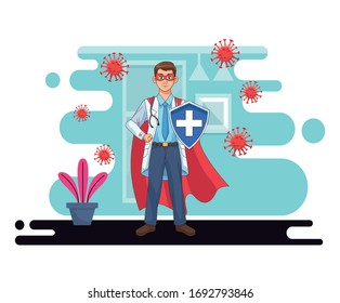 super doctor with shield and cloak vs covid19 vector illustration design