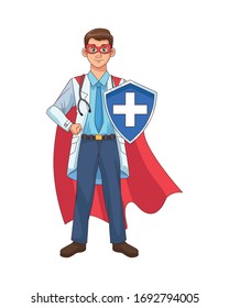 super doctor with shield and cloak vs covid19 vector illustration design