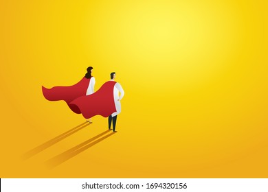 Super doctor two people professional red superhero cloak. Character set. Vector illustration