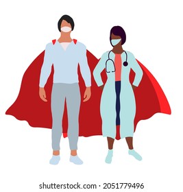 Super doctor  wearing medical masks and capes. Super doctor concept illustration. Male and female doctors wearing masks with superhero cloaks, Real heroes, Coronavirus outbreak. Hospital medical staff