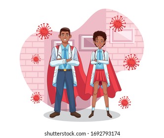 super doctores pareja con capa de héroe vs covid19 diseño de ilustración vectorial