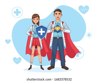 super doctors couple with hero cloak and shield vs covid19 vector illustration design