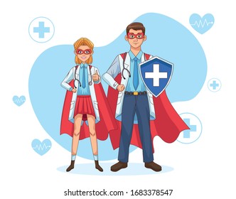 super doctors couple with hero cloak and shield vs covid19 vector illustration design