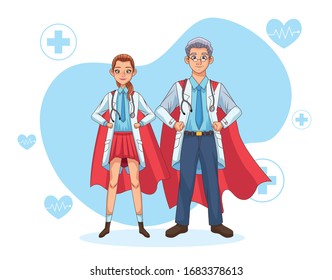 super doctors couple with hero cloak vs covid19 vector illustration design