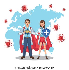 super doctors couple with hero cloak and shield vs covid19 vector illustration design