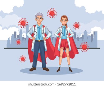 super doctors couple with hero cloak vs covid19 vector illustration design