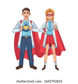 super doctors couple with hero cloak vs covid19 vector illustration design