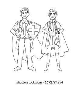 super doctors couple with hero cloak and shield vs covid19 vector illustration design