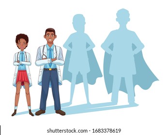 super doctores pareja con sombra de héroe vs covid19 diseño de ilustración vectorial