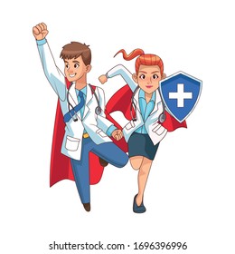 super doctors couple with shield characters vector illustration design