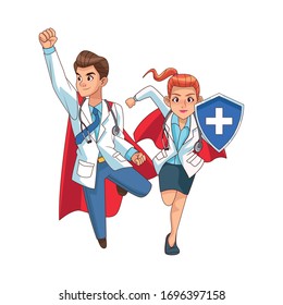 super doctors couple with shield characters vector illustration design