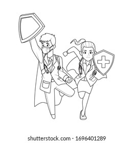 super doctores pareja con personajes de escudo diseño de ilustración vectorial