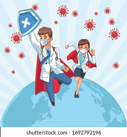super doctors couple vs covid19 particles in earth planet vector illustration design vector illustration design