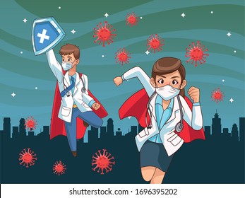 super doctors couple vs covid19 on the city vector illustration design