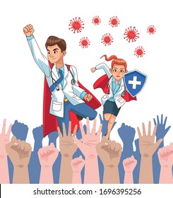 super doctors couple vs covid19 with people cheering vector illustration design