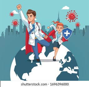super doctors couple vs covid19 with heart planet vector illustration design