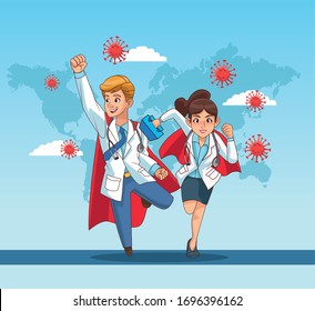 super doctors couple vs covid19 with heart planet vector illustration design