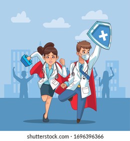 super doctors couple vs covid19 on the city vector illustration design