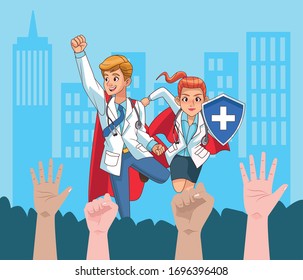 super doctors couple vs covid19 on the city vector illustration design