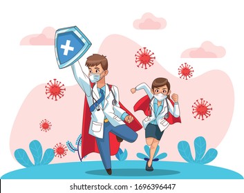 super doctors couple vs covid19 in the field vector illustration design