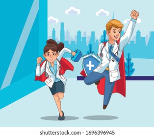 super doctores pareja vs covid19 en el diseño de ilustración de vector de la ciudad
