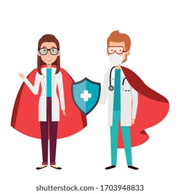 super doctors with face mask and hero cloak vector illustration design