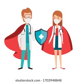 super doctors with face mask and hero cloak vector illustration design