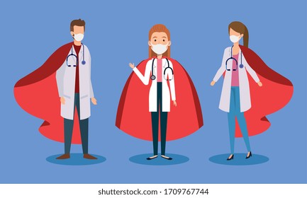 super doctors with face mask and hero cloak vector illustration design