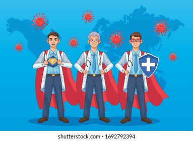 super doctors with hero cloak and shield vs covid19 vector illustration design