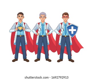 super doctors with hero cloak and shield vs covid19 vector illustration design