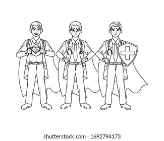 super doctors with hero cloak and shield vs covid19 vector illustration design