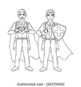 super doctores con capa heroica y escudo contra diseño de ilustración de vector covid19
