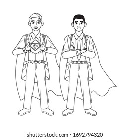 super doctores con capa heroica y escudo contra diseño de ilustración de vector covid19