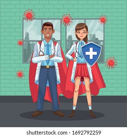super doctores pareja interracial con capa de héroe vs covid19 diseño de ilustración vectorial