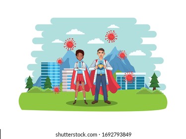 super doctors interracial couple with hero cloak vs covid19 vector illustration design