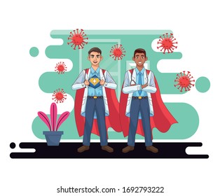 super doctors interracial with hero cloak vs covid19 vector illustration design