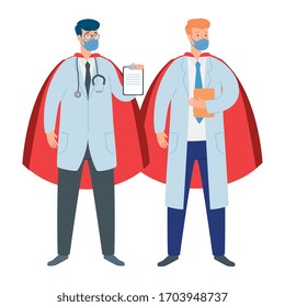 super doctors males with face mask and hero cloak vector illustration design