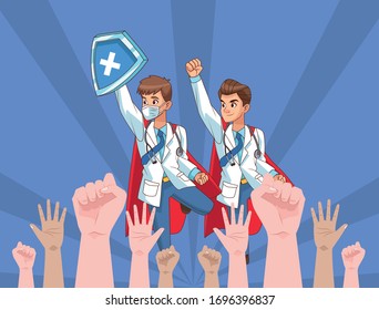 super doctors men vs covid19 with people cheering vector illustration design