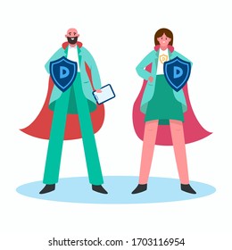 Super doctors with red hero cloak and shield vs covid19. Female and male superhero doctor. Protection against Caronavirus concept Vector illustration design.