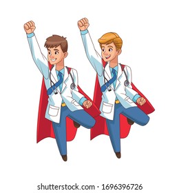 súper doctores personal volando personajes cómicos diseño de ilustraciones vectoriales