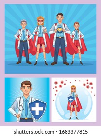 Super Doctors Staff With Hero Cloaks And Shield Vs Covid19 Vector Illustration Design