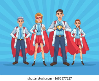 Super Doctors Staff With Hero Cloaks Vs Covid19 Vector Illustration Design