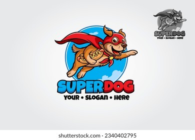 Plantillas de logotipo de mascota de caracteres Super dog. Superperro con capa y perrito. Un diseño de logotipo único perfecto para su empresa.