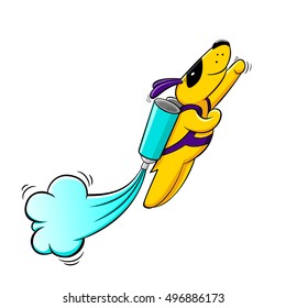 Super dog flying on balloons with paint. Vector logo, symbol, icon. Comics dog in mask flying in super hero pose. Cartoon super dog. Yellow dog super hero. Dog logo, dog sign, yellow dog, pet, puppy.
