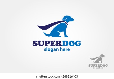 Super Dog Vector Logo Cartoon. Blue super dog with a cape. Vector logo illustration. 